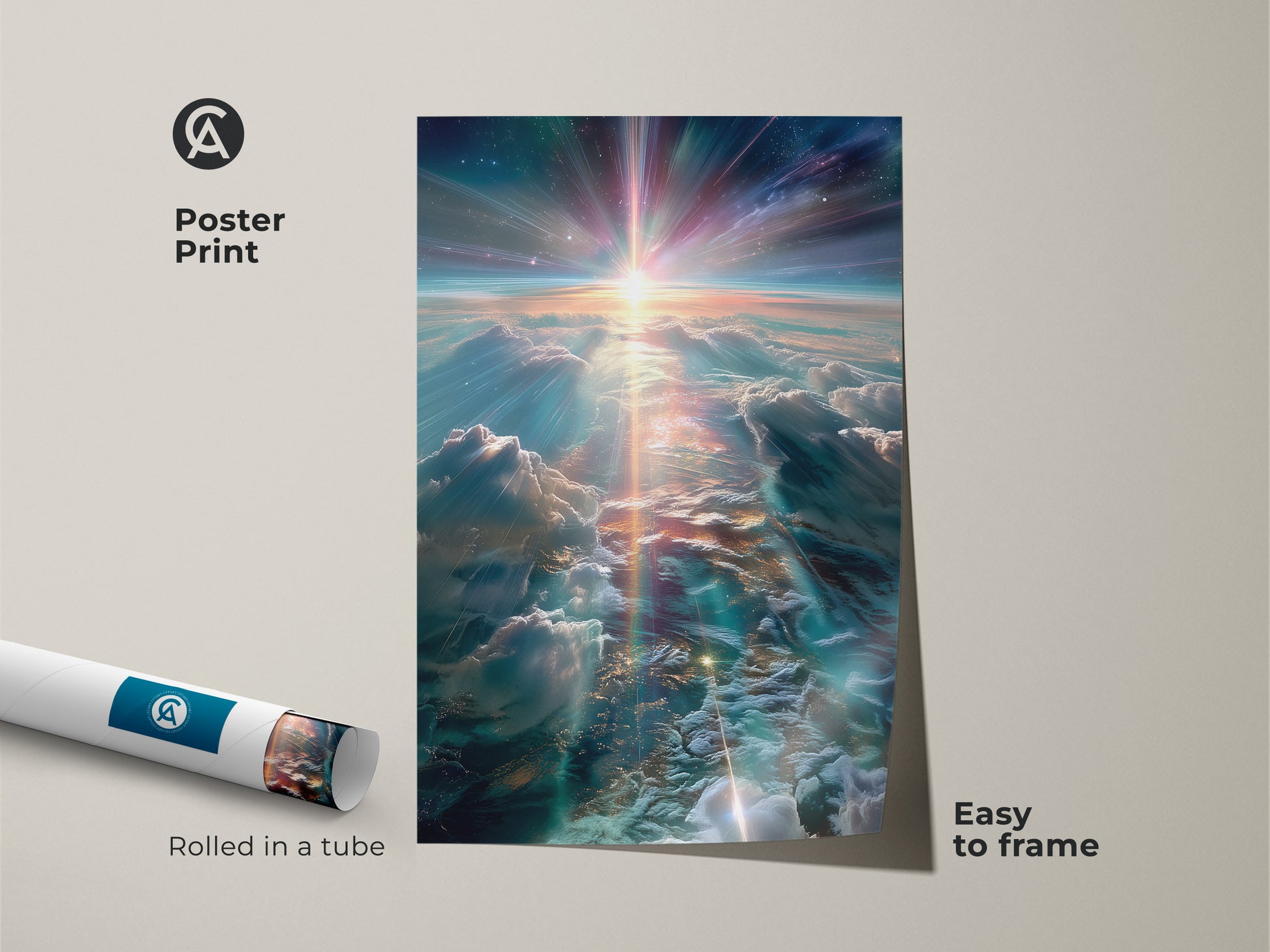 Poster print of a cosmic sky and cloudscape. The art is rolled in a tube for easy framing. This wall art is an affordable way to add beauty to your space. It captures the beauty of the radiant sky.