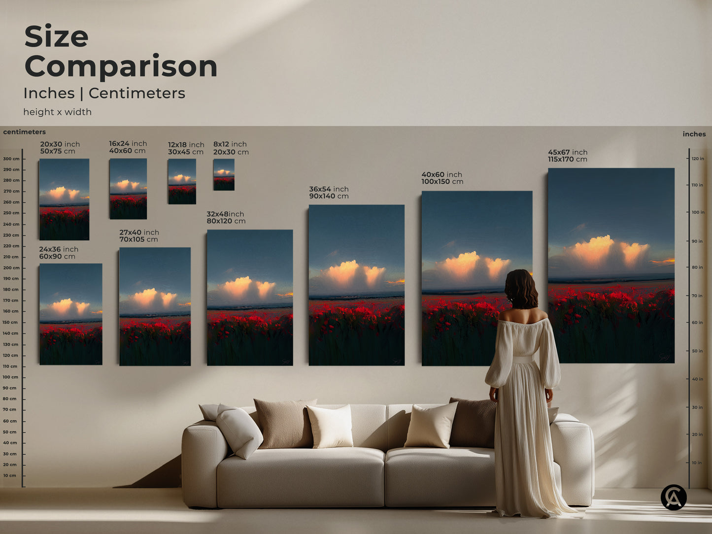 Size Comparison of Poppy Field Art. See the crimson field artwork in inches and centimeters. The canvas sizes range from small to extra-large. Perfect for adding a vibrant landscape to any living room.