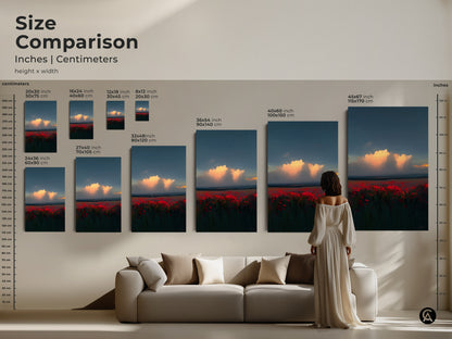 Size Comparison of Poppy Field Art. See the crimson field artwork in inches and centimeters. The canvas sizes range from small to extra-large. Perfect for adding a vibrant landscape to any living room.