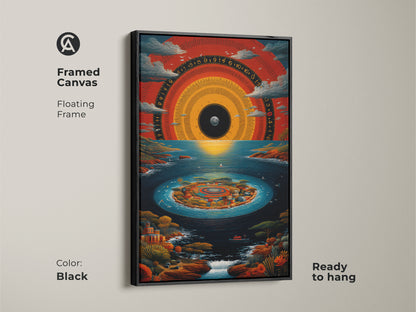 Black Framed Canvas of surreal island wall art. The artwork features an abstract time dial canvas. It also showcases a crimson and deep blue print. Ready to hang for home or office decor. This is unique travel enthusiast gift idea.