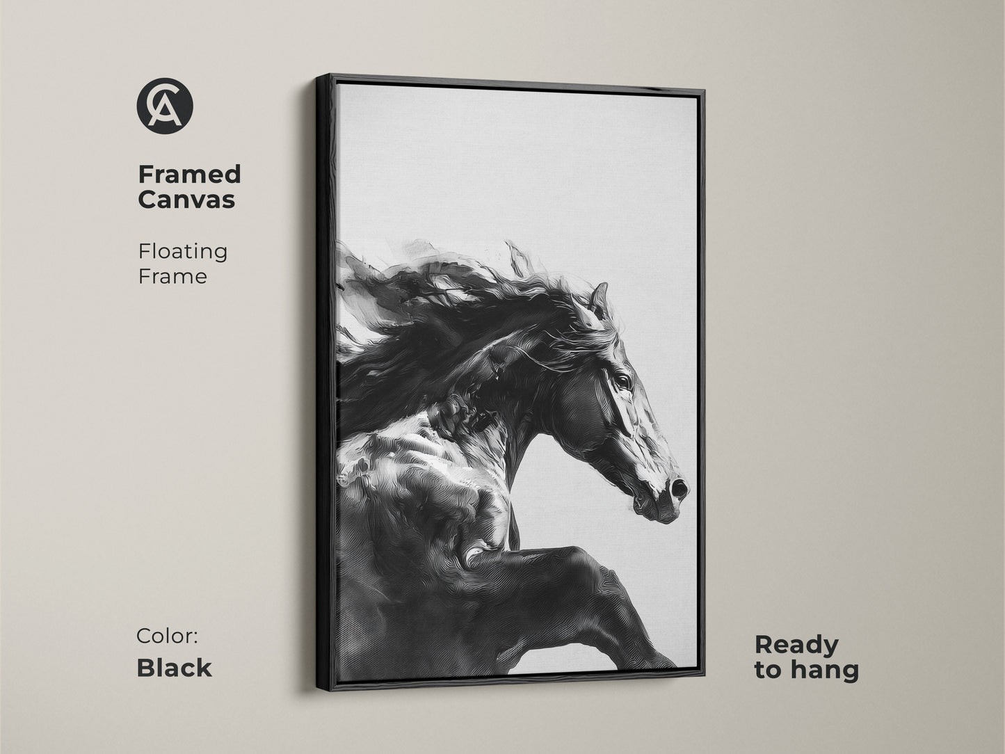 Black framed canvas featuring a black and white galloping horse. Ready to hang this floating frame adds modern elegance to equine wall art decor. The powerful horse canvas is perfect for contemporary bedroom art. It's a unique equestrian gift and a fine art animal print.