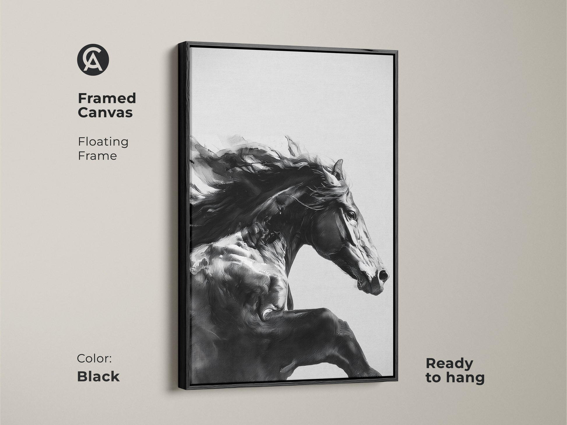 Black framed canvas featuring a black and white galloping horse. Ready to hang this floating frame adds modern elegance to equine wall art decor. The powerful horse canvas is perfect for contemporary bedroom art. It's a unique equestrian gift and a fine art animal print.