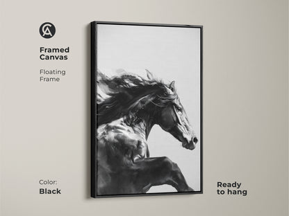 Black framed canvas featuring a black and white galloping horse. Ready to hang this floating frame adds modern elegance to equine wall art decor. The powerful horse canvas is perfect for contemporary bedroom art. It's a unique equestrian gift and a fine art animal print.