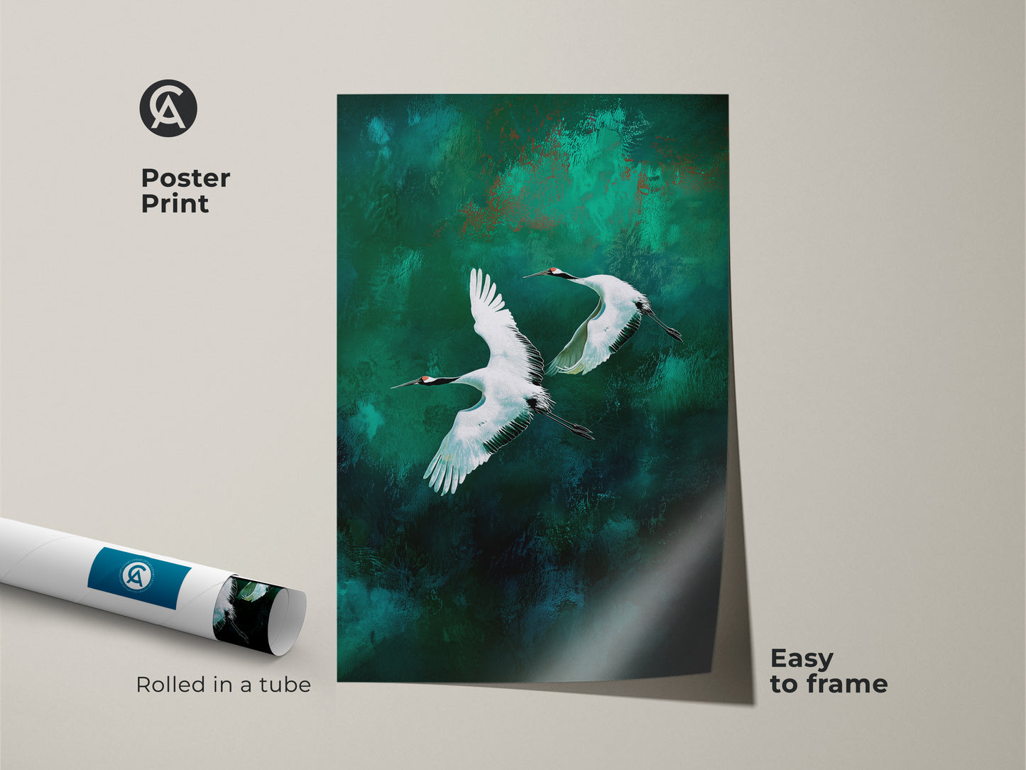 Poster print of flying cranes wall art. Teal and emerald hues create a modern nature scene. This abstract bird painting arrives rolled in a tube ready for framing. A gift for bird lovers.