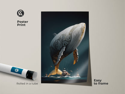 Poster print of a surreal whale in a dark teal ocean. It includes boats and gold accents for an eclectic style. This fantasy art print is easy to frame and makes a great gift for sea lovers. Ideal for unique bedroom wall decor or a nautical themed room.