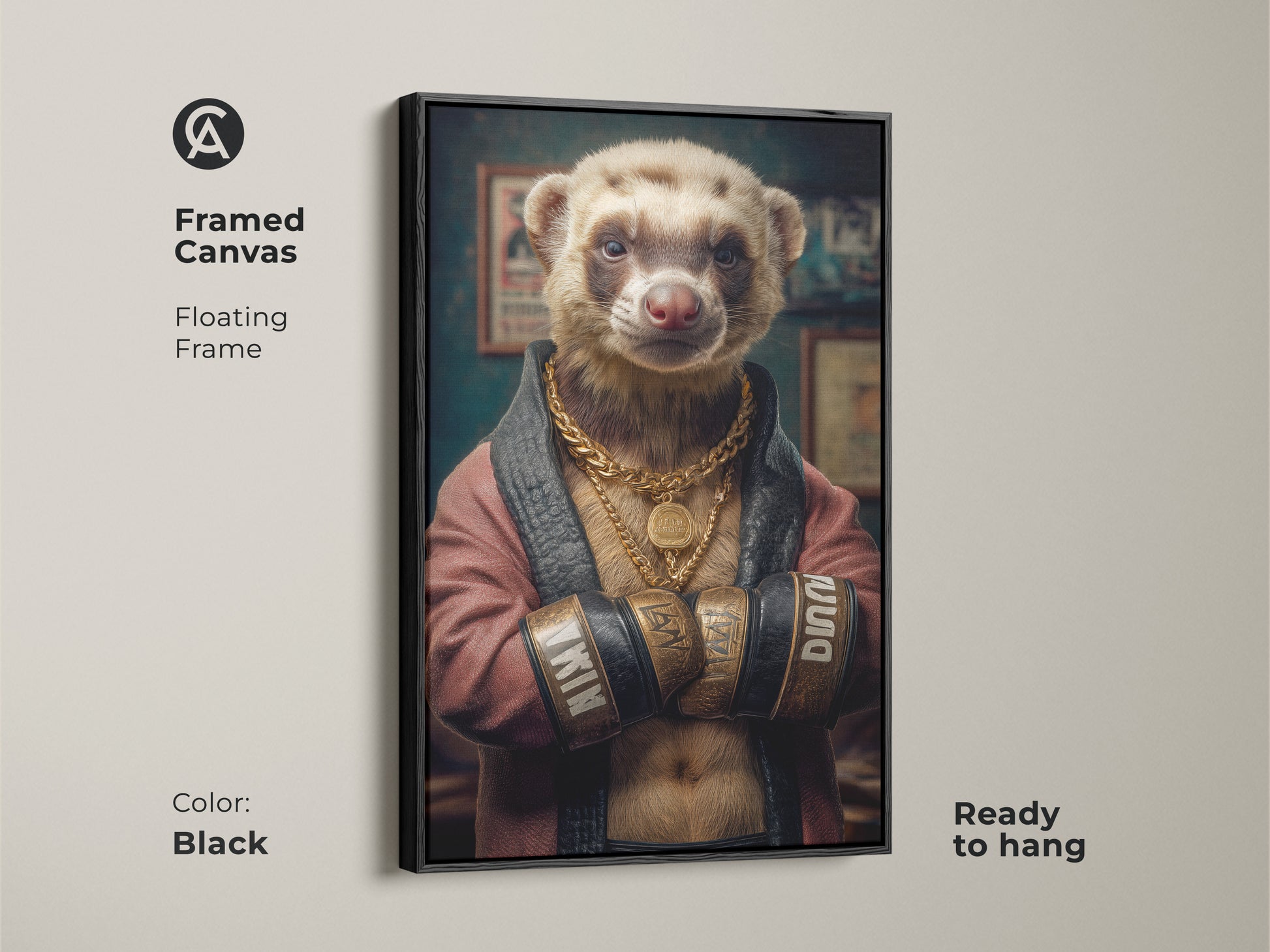 Framed canvas featuring a ferret boxer. The floating frame is in black. This anthropomorphic animal art is ready to hang. Perfect quirky animal art for any room. It adds luxury animal decor. It is a unique gift for him funny.