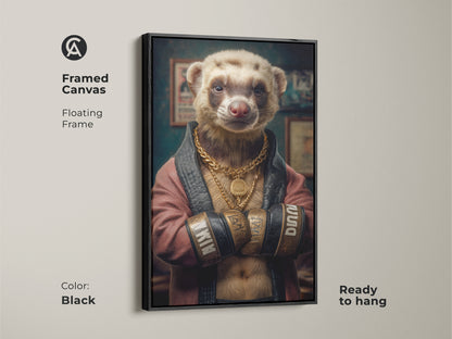 Framed canvas featuring a ferret boxer. The floating frame is in black. This anthropomorphic animal art is ready to hang. Perfect quirky animal art for any room. It adds luxury animal decor. It is a unique gift for him funny.