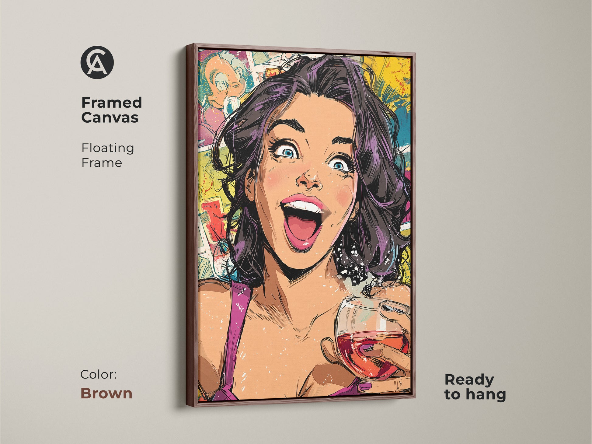 Brown framed canvas featuring comic book woman art with a wine glass. The artwork offers a unique home bar art. This piece features a bold color palette of yellow pink and teal. It is a great conversation starter.