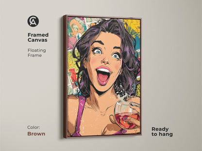 Brown framed canvas featuring comic book woman art with a wine glass. The artwork offers a unique home bar art. This piece features a bold color palette of yellow pink and teal. It is a great conversation starter.