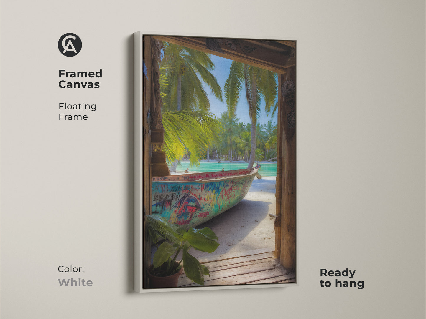 A framed canvas in white displays a graffiti boat scene with palm trees. This aqua turquoise wall art enhances your beach house. Ready to hang this coastal artwork.