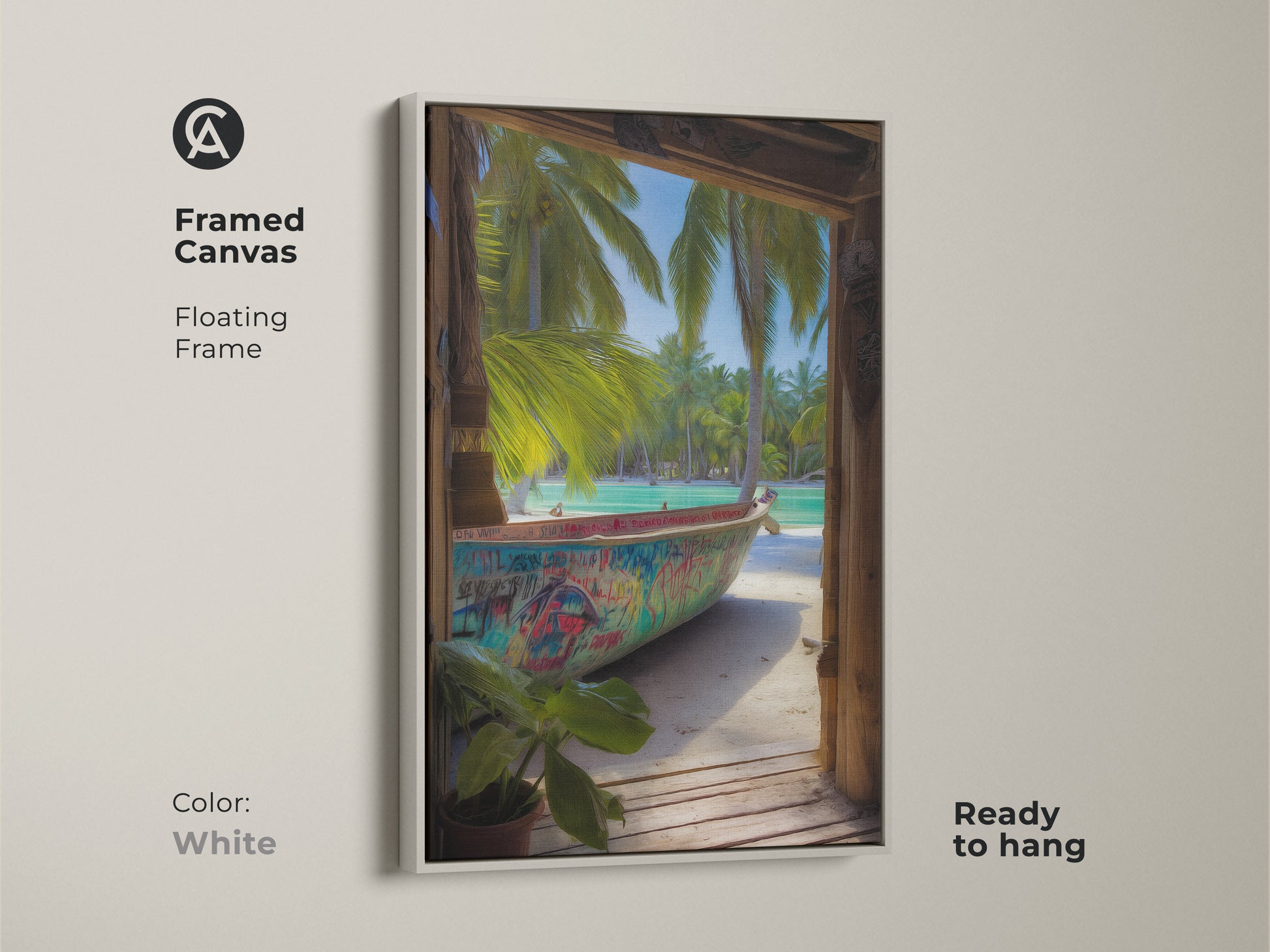 A framed canvas in white displays a graffiti boat scene with palm trees. This aqua turquoise wall art enhances your beach house. Ready to hang this coastal artwork.