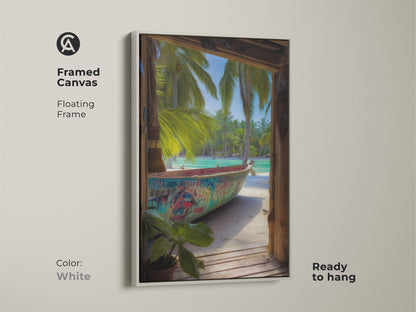 A framed canvas in white displays a graffiti boat scene with palm trees. This aqua turquoise wall art enhances your beach house. Ready to hang this coastal artwork.