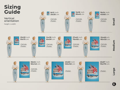 Vertical orientation sizing guide for retro canvas art. Classic car slot machine and American Flag art displayed. Sizes range from small to large for both canvas and poster prints. Select the perfect size for your space from 8x12 to 45x67 inches.