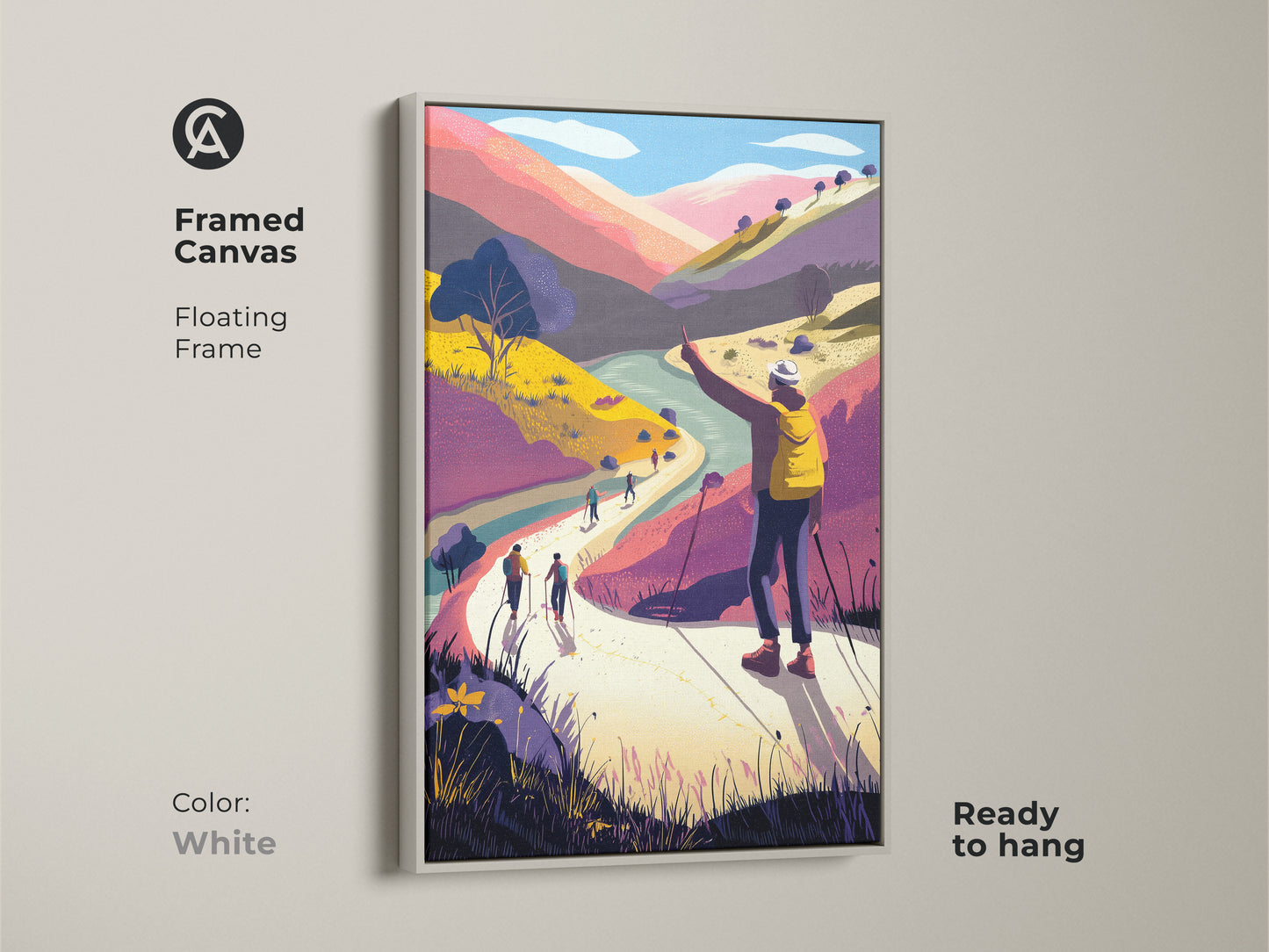 Framed canvas print with a white floating frame. Boho mountain landscape artwork with hikers. The yellow backpack canvas print is ready to hang. Modern folk art perfect for any room. Add a colorful and stylish touch to your walls with this art.