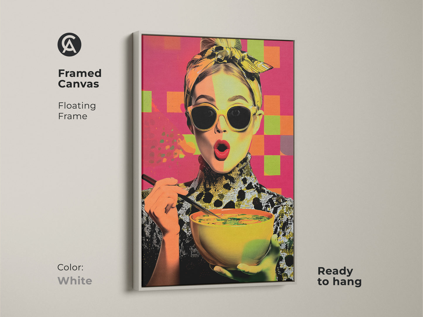 Framed canvas featuring a pop art woman enjoying soup. The floating white frame enhances this contemporary kitchen wall art. A foodie gift for her with yellow orange and pink abstract elements. This modern woman portrait is ready to hang. It's colorful kitchen decor.