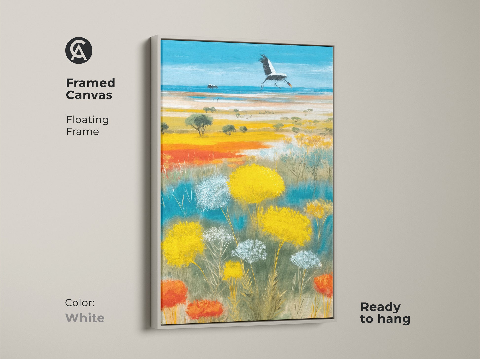 Framed canvas with a white floating frame presenting a crane in a wildflower scene. The artwork features vibrant sky blue and golden yellow accents. Ready to hang as nature wildlife wall art. This piece will bring a fresh and modern touch to your home. Great for any room.