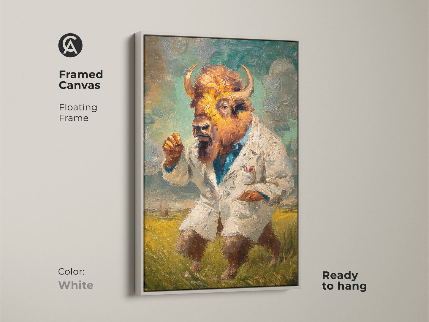 This is a framed canvas print of a buffalo-human hybrid. The artwork shows the figure in a lab coat. This framed canvas features a floating frame. The white frame beautifully complements the buffalo-human art. It is ready to hang.