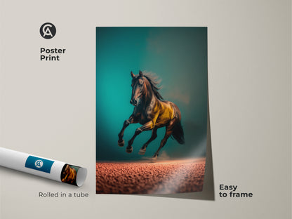 A contemporary poster print featuring a running horse. The equestrian art showcases a teal backdrop with brown and gold accents. Rolled in a tube this wildlife animal print is easy to frame. This horse artwork would make a great gift for equestrians. Add a dynamic touch to your living space with this animal art.