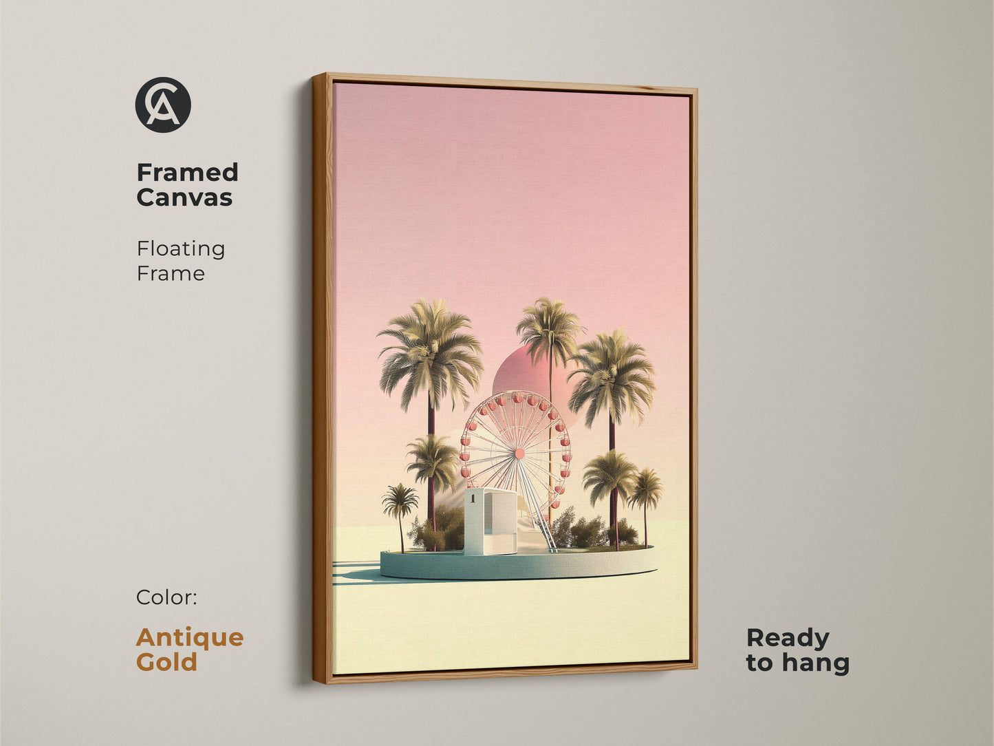 Antique gold framed canvas featuring pastel yellow Ferris wheel art with palm trees. This boho wall art offers a vintage carnival aesthetic. The retro futurism artwork evokes a summer vacation vibe. This piece is a perfect travel gift for those who love surreal landscapes and whimsical decor. The pastel gradient art adds a coastal amusement charm.