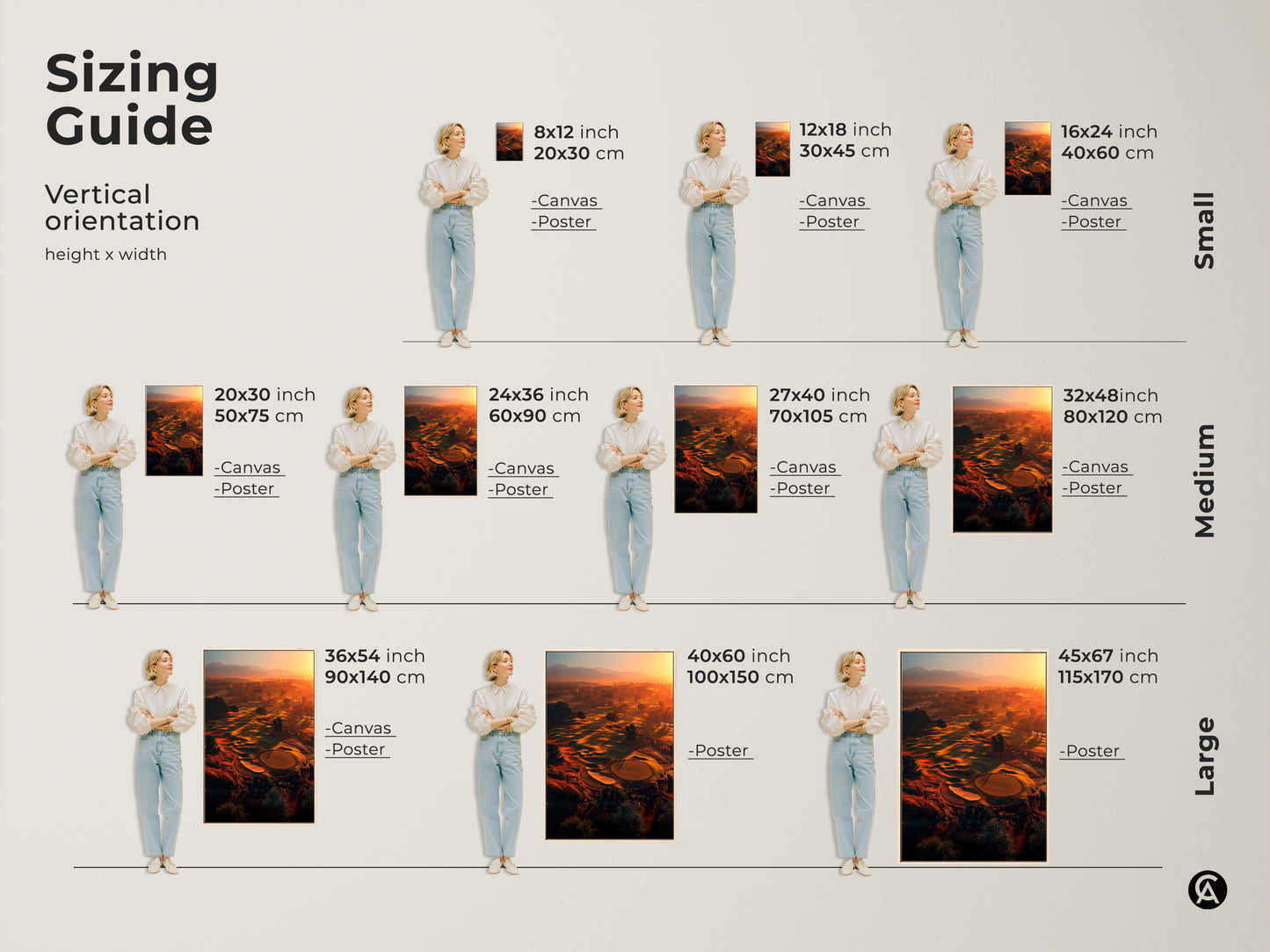Find the perfect size for your golf course sunrise artwork. Vertical orientation options range from small 8x12 to large 45x67 inches. Available as canvas or poster prints. Visualize how each size fits with our sizing guide. Enhance your space with the ideal piece.