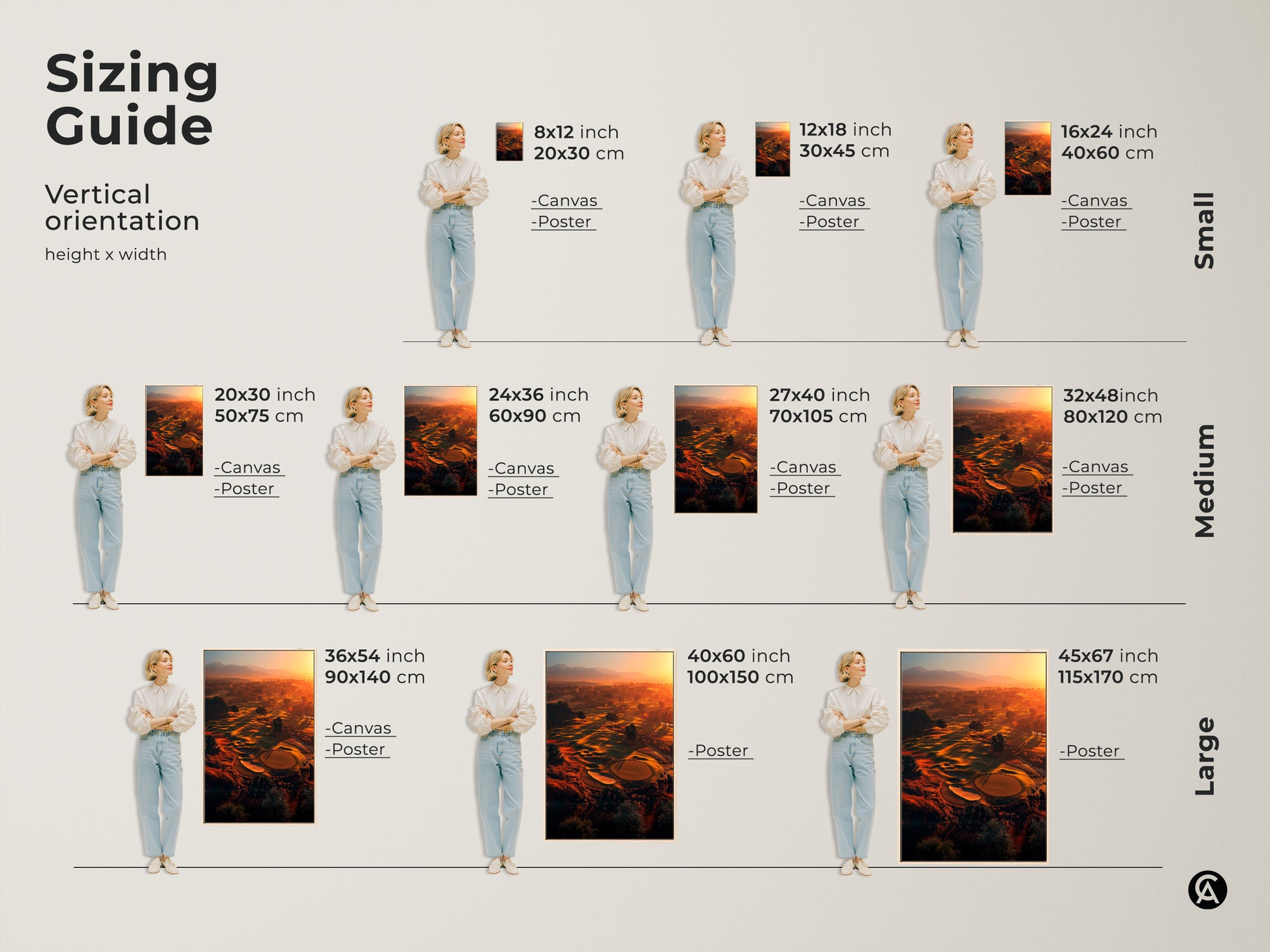 Find the perfect size for your golf course sunrise artwork. Vertical orientation options range from small 8x12 to large 45x67 inches. Available as canvas or poster prints. Visualize how each size fits with our sizing guide. Enhance your space with the ideal piece.