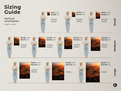 Find the perfect size for your golf course sunrise artwork. Vertical orientation options range from small 8x12 to large 45x67 inches. Available as canvas or poster prints. Visualize how each size fits with our sizing guide. Enhance your space with the ideal piece.