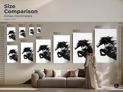 Size comparison of monochrome horse art prints in inches and centimeters. Black and white stallion artwork displayed in various sizes. Contemporary animal decor to fit any room. Perfect horse lover gift art. Modern wildlife print for your home.