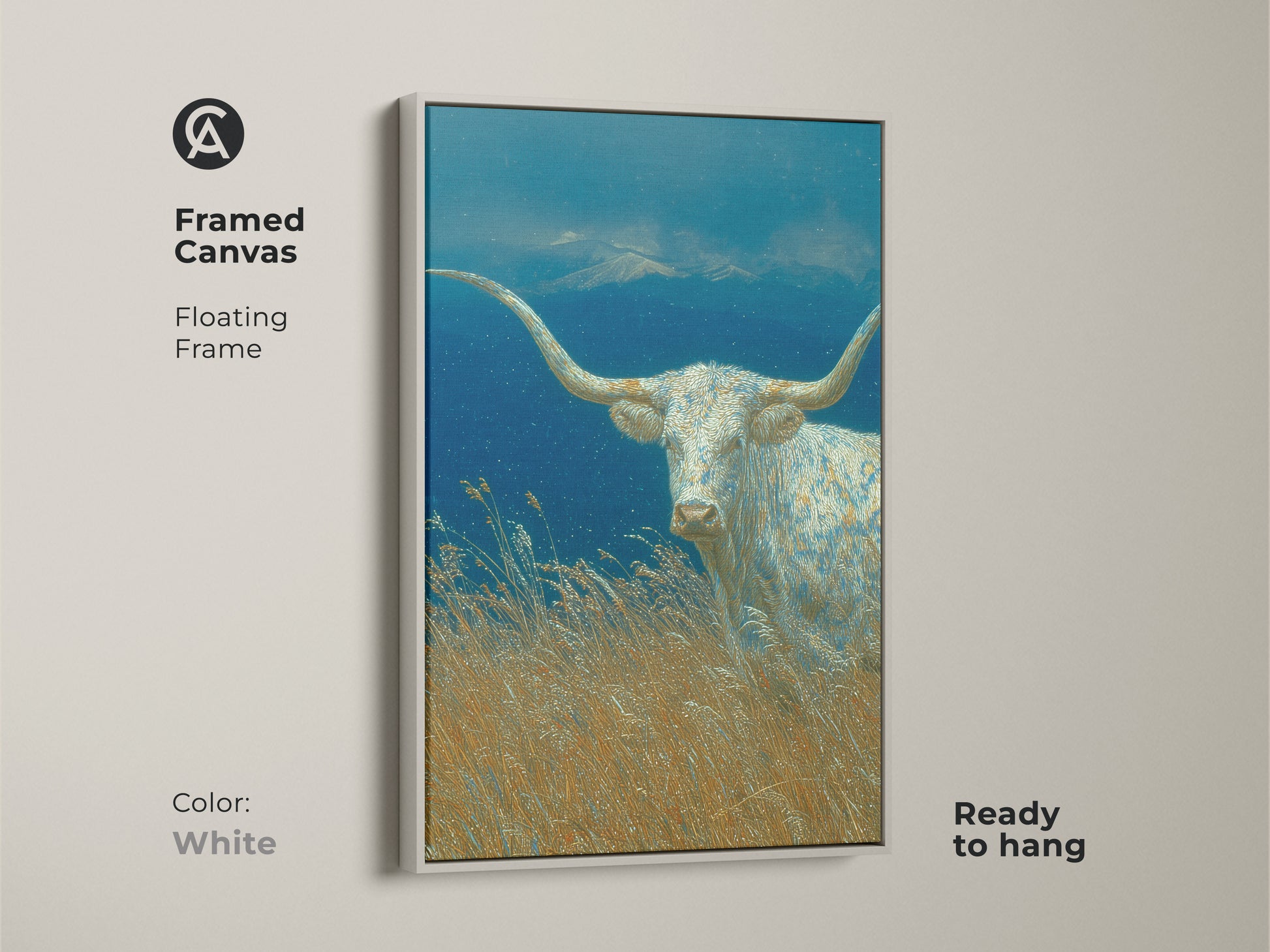 The framed canvas highlights the White Longhorn art in a clean white floating frame. The artwork captures a longhorn in a serene field with mountains. Ready to hang this framed piece offers a fresh modern look. Perfect for contemporary decor.