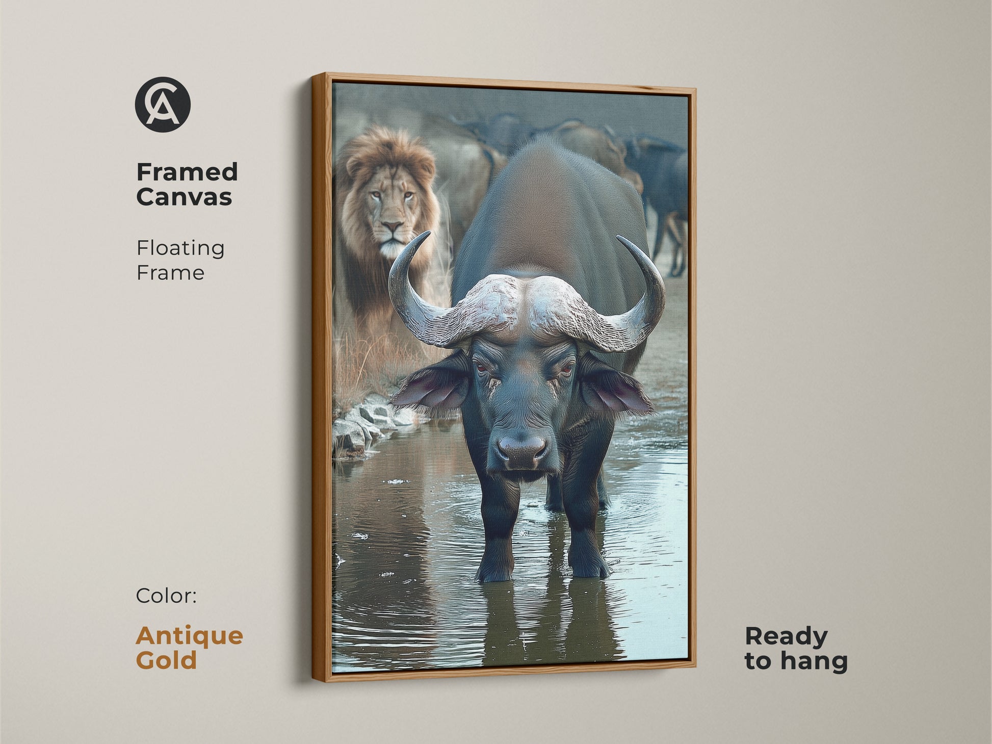 Framed in antique gold this Buffalo and Lion wall art is an African wildlife canvas print. The safari animals artwork has a photorealistic style. This eclectic home decor is ready to hang. It's a dark blue and brown art piece. It's a great housewarming gift idea.