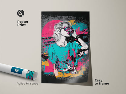 Poster Print of a woman with sunglasses in a pop art style. Rolled in a tube for easy framing. Retro synthwave artwork with pink teal and yellow colors. Add a splash of color to your home decor with this eclectic and vibrant abstract portrait. Perfect gift for music lovers.
