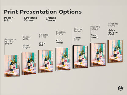 Explore print presentation options with this contemporary still life art. Choose from poster prints stretched canvas and framed canvas. Gallery wrap and floating frame options are available. Find the perfect museum-quality paper or canvas finish. Each piece features a wine bottle and red wine glass. Ideal for kitchen decor and wine lovers.