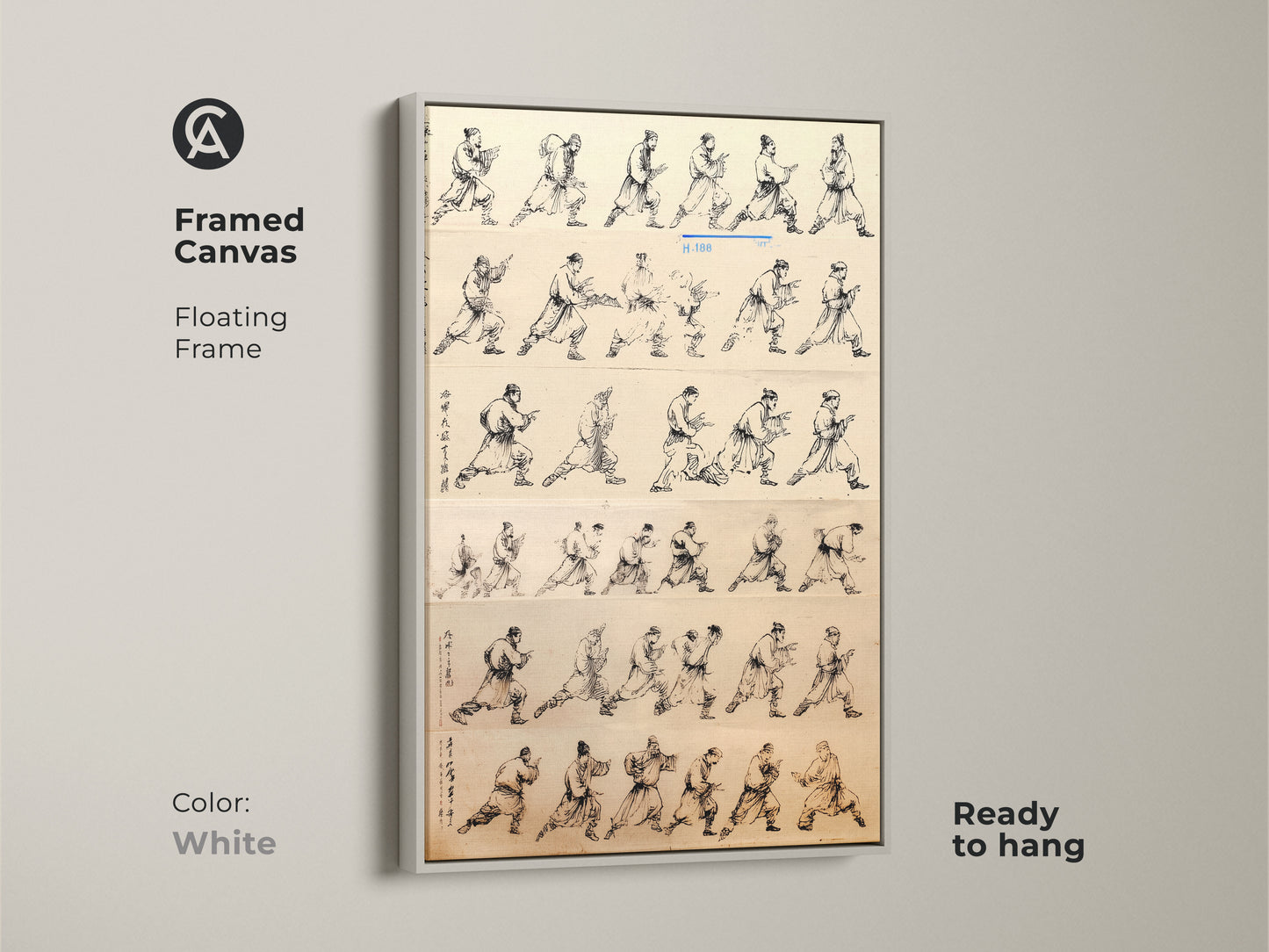 White framed canvas featuring minimalist ink wash art. The martial arts action poses wall decor is ready to hang. Sepia tone artwork adds a touch of historical elegance. Perfect as a study room or office gift. This unique art print is a great addition to minimalist and traditional decor styles.