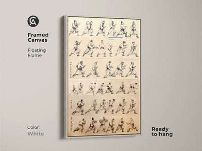 White framed canvas featuring minimalist ink wash art. The martial arts action poses wall decor is ready to hang. Sepia tone artwork adds a touch of historical elegance. Perfect as a study room or office gift. This unique art print is a great addition to minimalist and traditional decor styles.