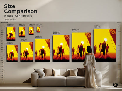 Sizing guide for vertical orientation canvas and poster prints. The artwork features retro people walking towards a ship at sunset. Sizes range from small to large. Find the perfect fit for your space.
