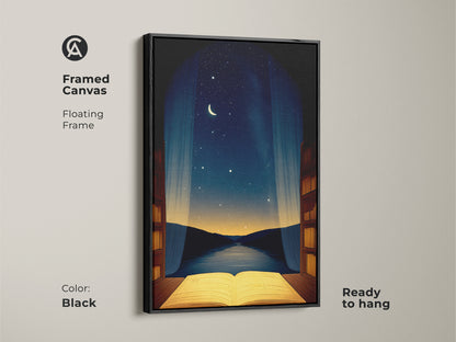 Framed canvas of conceptual open book art with a floating frame. The deep blue and twilight orange hues create a surreal scene. Ideal for study rooms or as a gift for avid readers. Ready to hang night sky canvas with black frame.