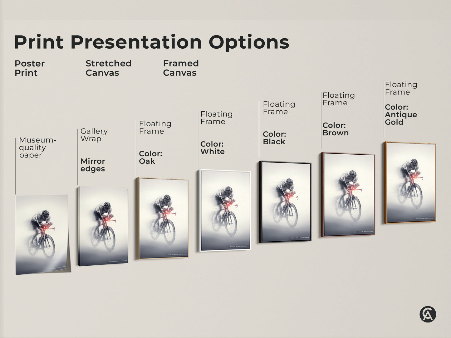 Explore print presentation options. Choose from poster print stretched canvas framed canvas. Gallery wrap mirror edges. Floating frame in various colors. Select museum-quality paper for your cyclist motion blur art. Find the perfect style.