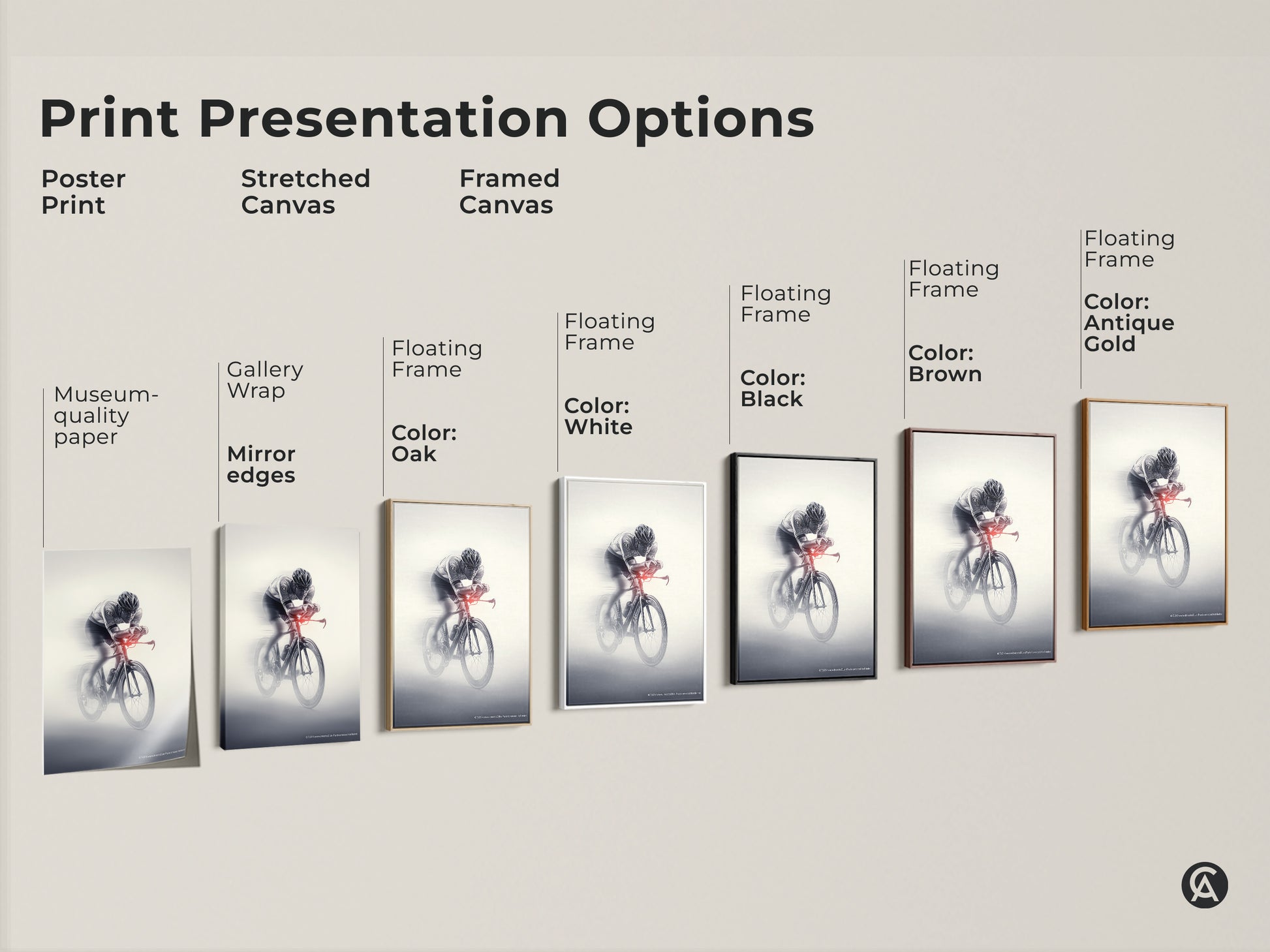 Explore print presentation options. Choose from poster print stretched canvas framed canvas. Gallery wrap mirror edges. Floating frame in various colors. Select museum-quality paper for your cyclist motion blur art. Find the perfect style.