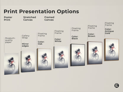 Explore print presentation options. Choose from poster print stretched canvas framed canvas. Gallery wrap mirror edges. Floating frame in various colors. Select museum-quality paper for your cyclist motion blur art. Find the perfect style.