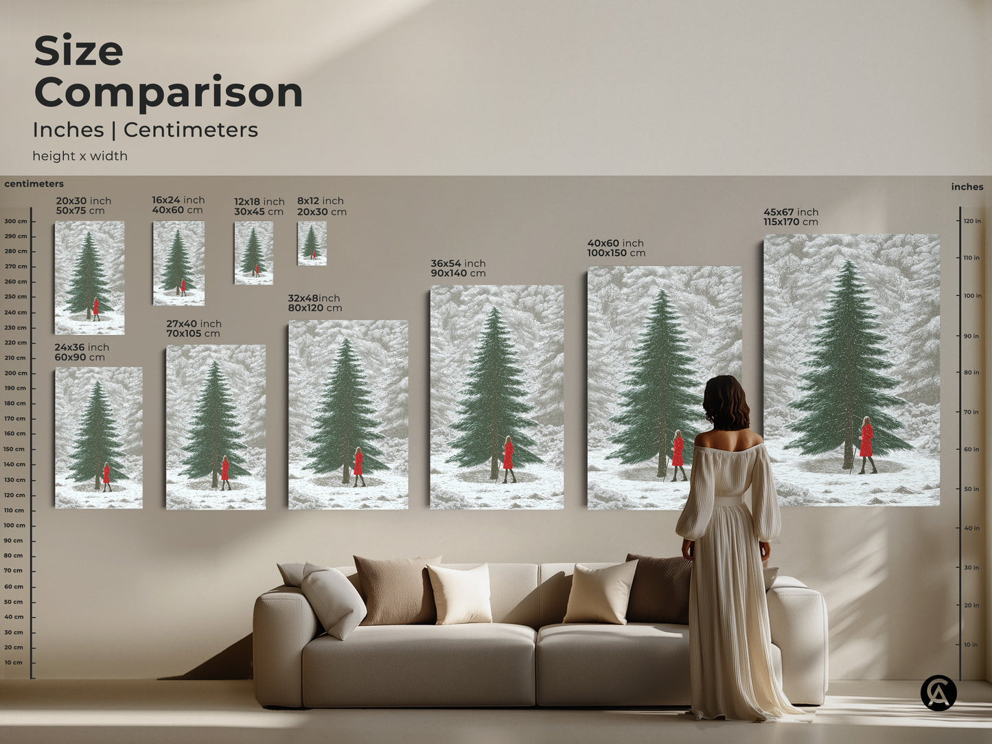 Size comparison of winter forest artwork in inches and centimeters. This snowy landscape print featuring a woman in red is perfect for any space. A cozy nature artwork for the home.