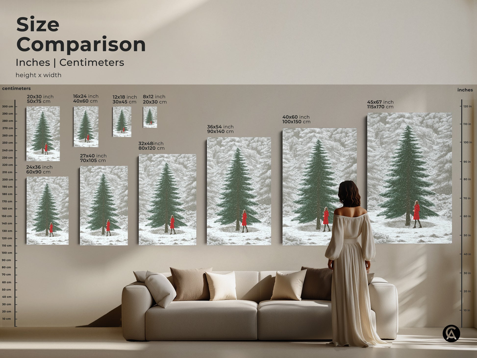 Size comparison of winter forest artwork in inches and centimeters. This snowy landscape print featuring a woman in red is perfect for any space. A cozy nature artwork for the home.