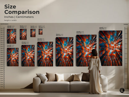 Size comparison of the tall trees artwork. See it in various sizes next to furniture. This canvas or poster art features orange leaves and blue sky. Visualize the perfect fit for your home. Buy now and transform your space