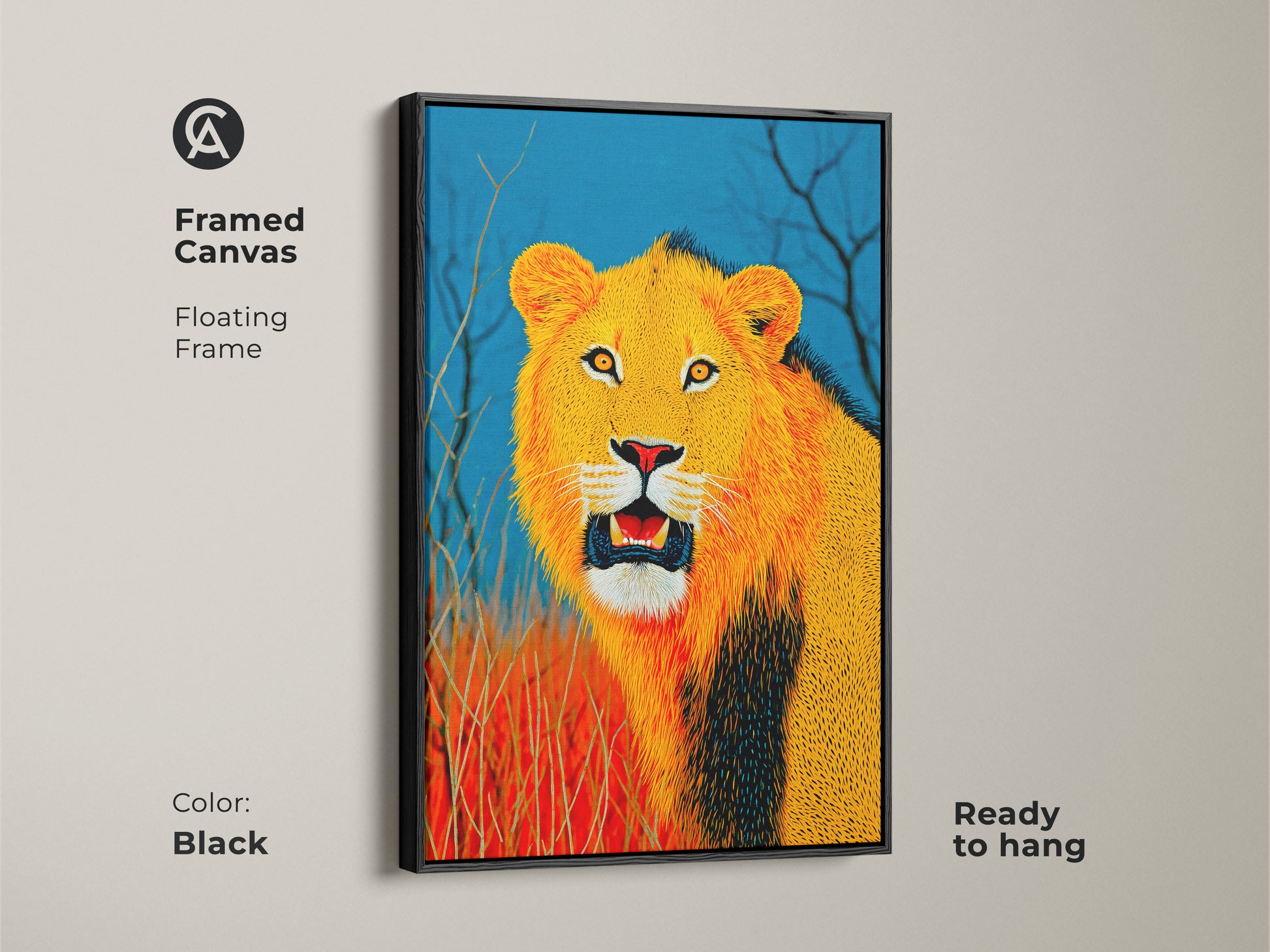 Framed Canvas of African Lion artwork. The floating frame enhances the art. This wildlife canvas print adds an eclectic touch to any entryway or living room. Lion art in golden yellow and blue is ready to hang. The black frame completes the look.