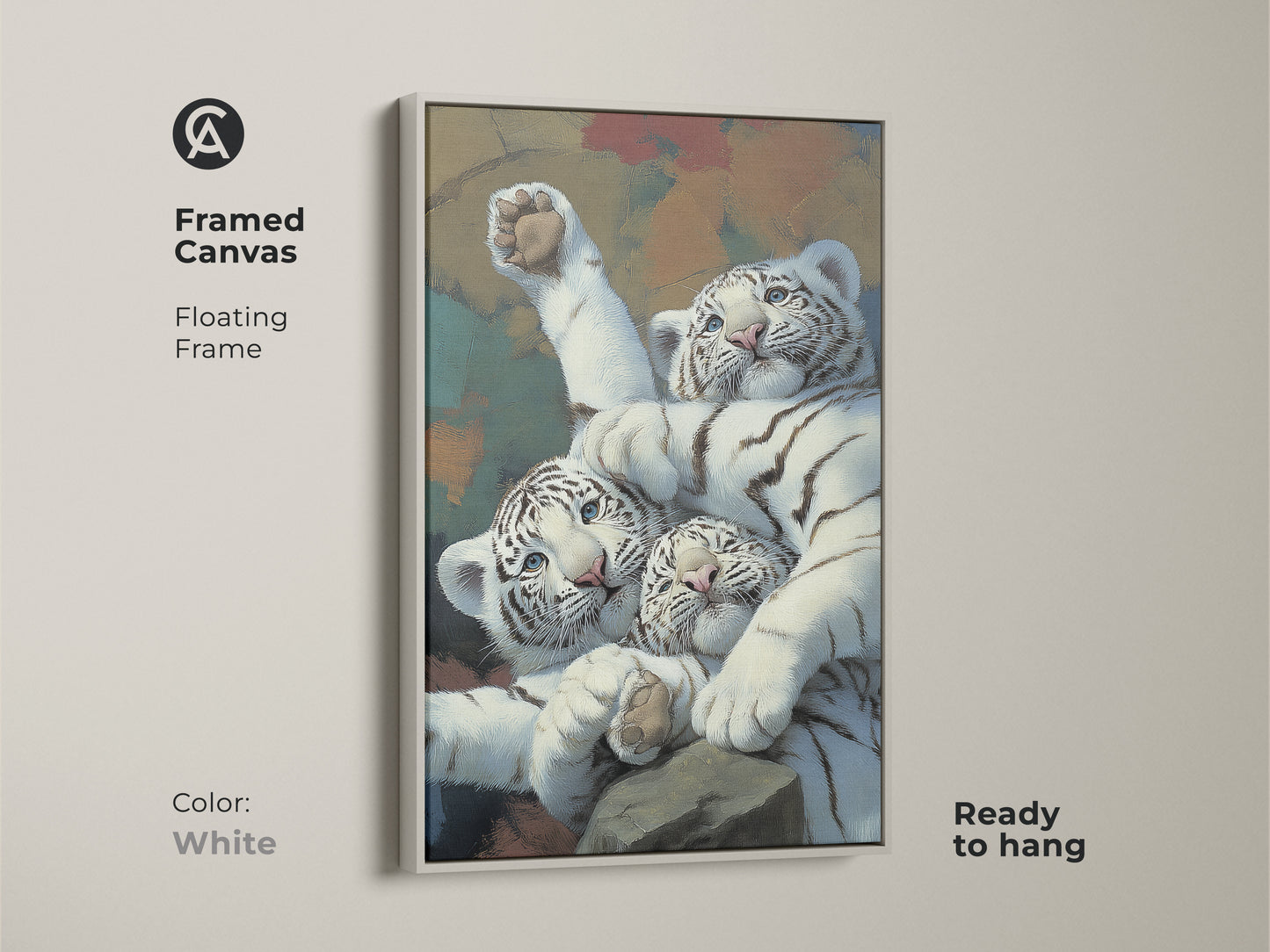 Framed canvas with realistic white tiger cubs art in a white floating frame. This wildlife feline canvas print is ready to hang. Ideal newborn tiger painting art for animal lovers. Add a touch of eclectic home decor with this big cat canvas artwork. A cute animal wall decor choice.