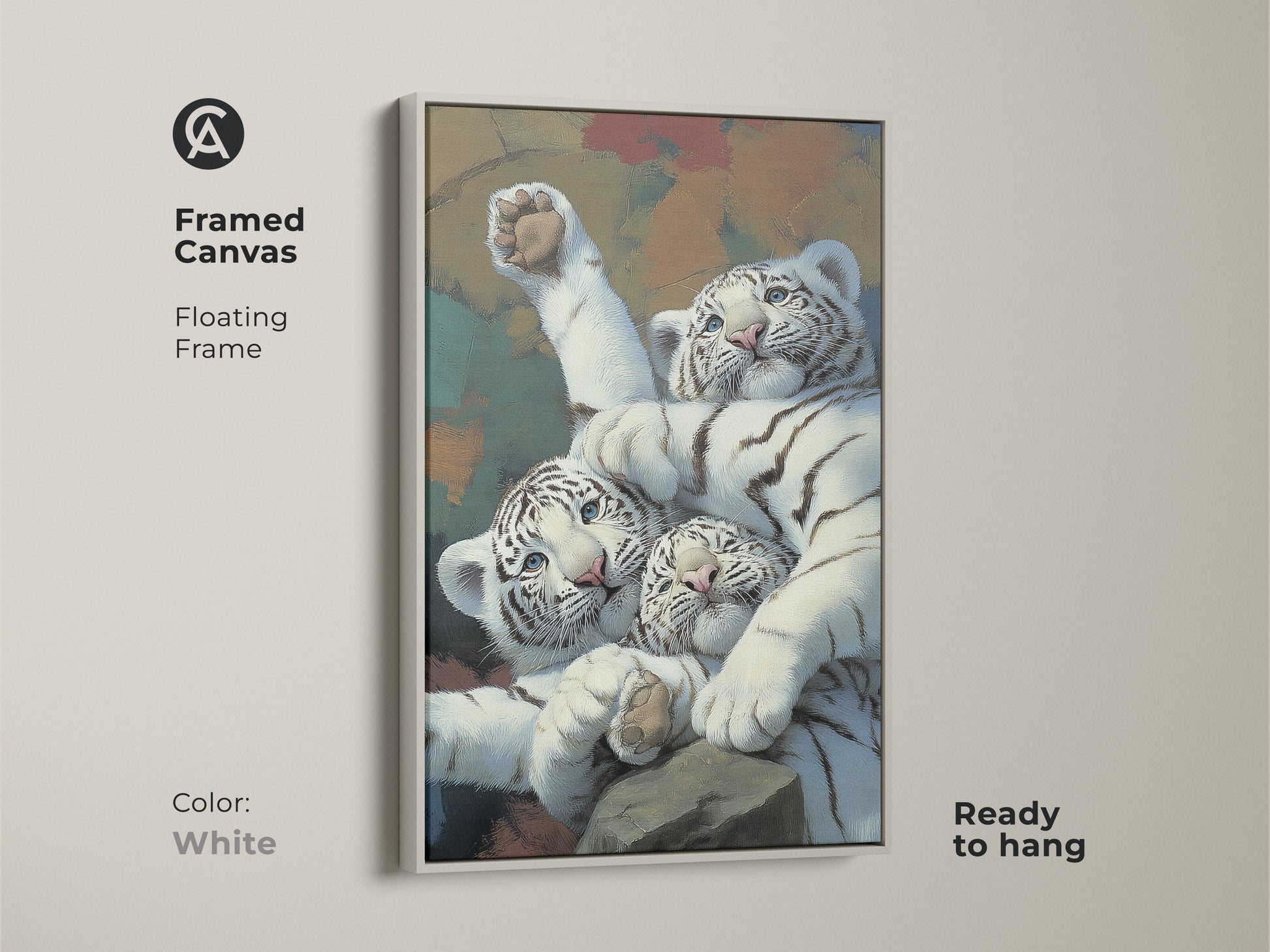 Framed canvas with realistic white tiger cubs art in a white floating frame. This wildlife feline canvas print is ready to hang. Ideal newborn tiger painting art for animal lovers. Add a touch of eclectic home decor with this big cat canvas artwork. A cute animal wall decor choice.