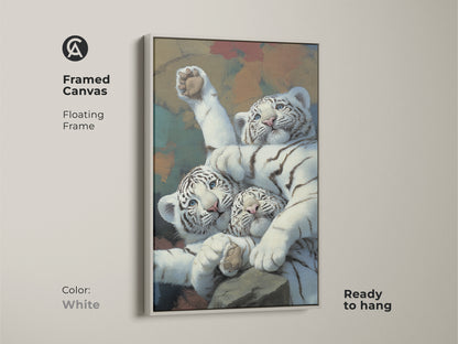 Framed canvas with realistic white tiger cubs art in a white floating frame. This wildlife feline canvas print is ready to hang. Ideal newborn tiger painting art for animal lovers. Add a touch of eclectic home decor with this big cat canvas artwork. A cute animal wall decor choice.
