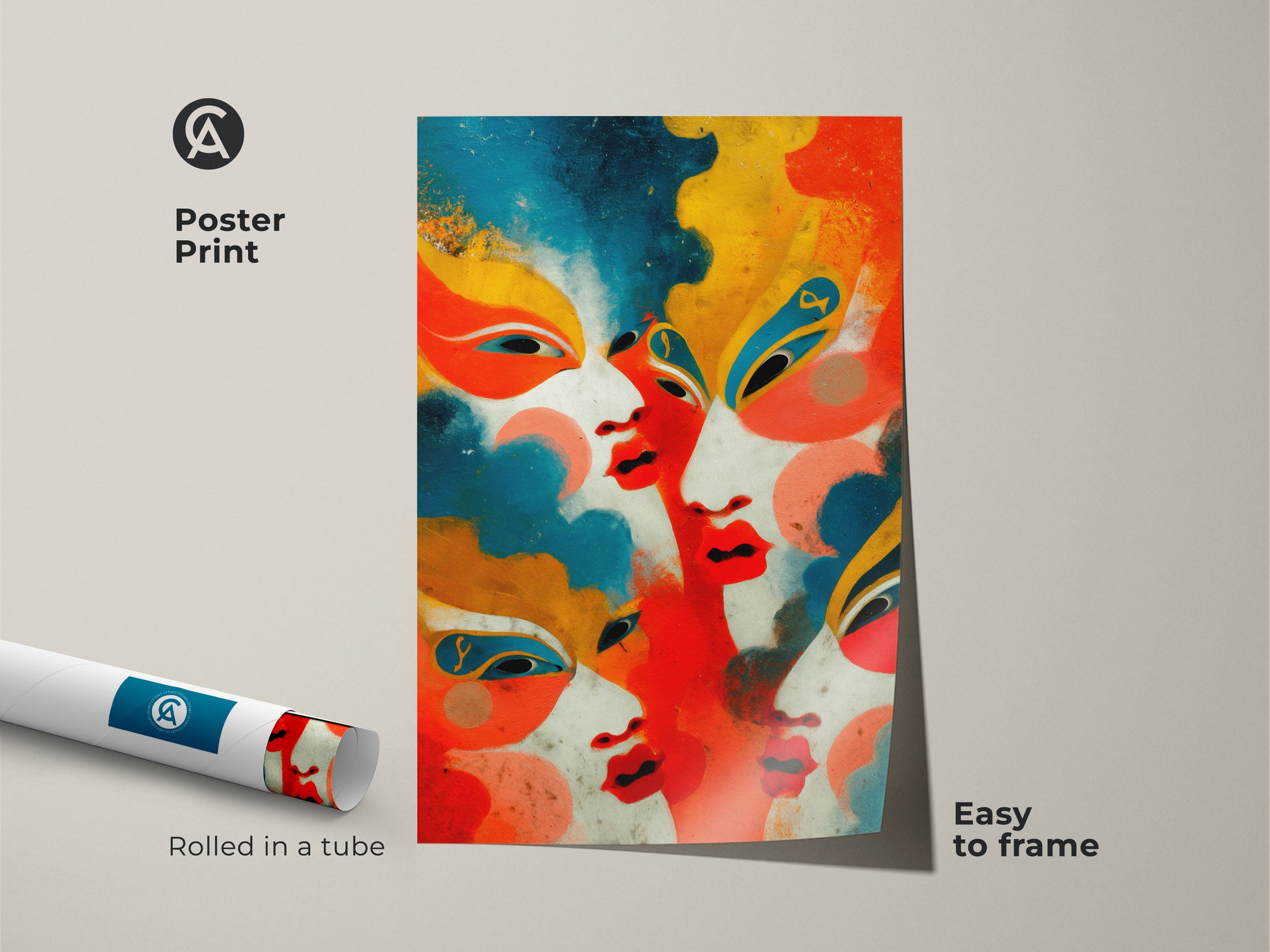 Poster print presents an abstract faces artwork rolled in a tube. The geometric pattern and red orange blue colors make it a vibrant wall accent. An easy to frame eclectic gift for art lovers and unique wall decor.
