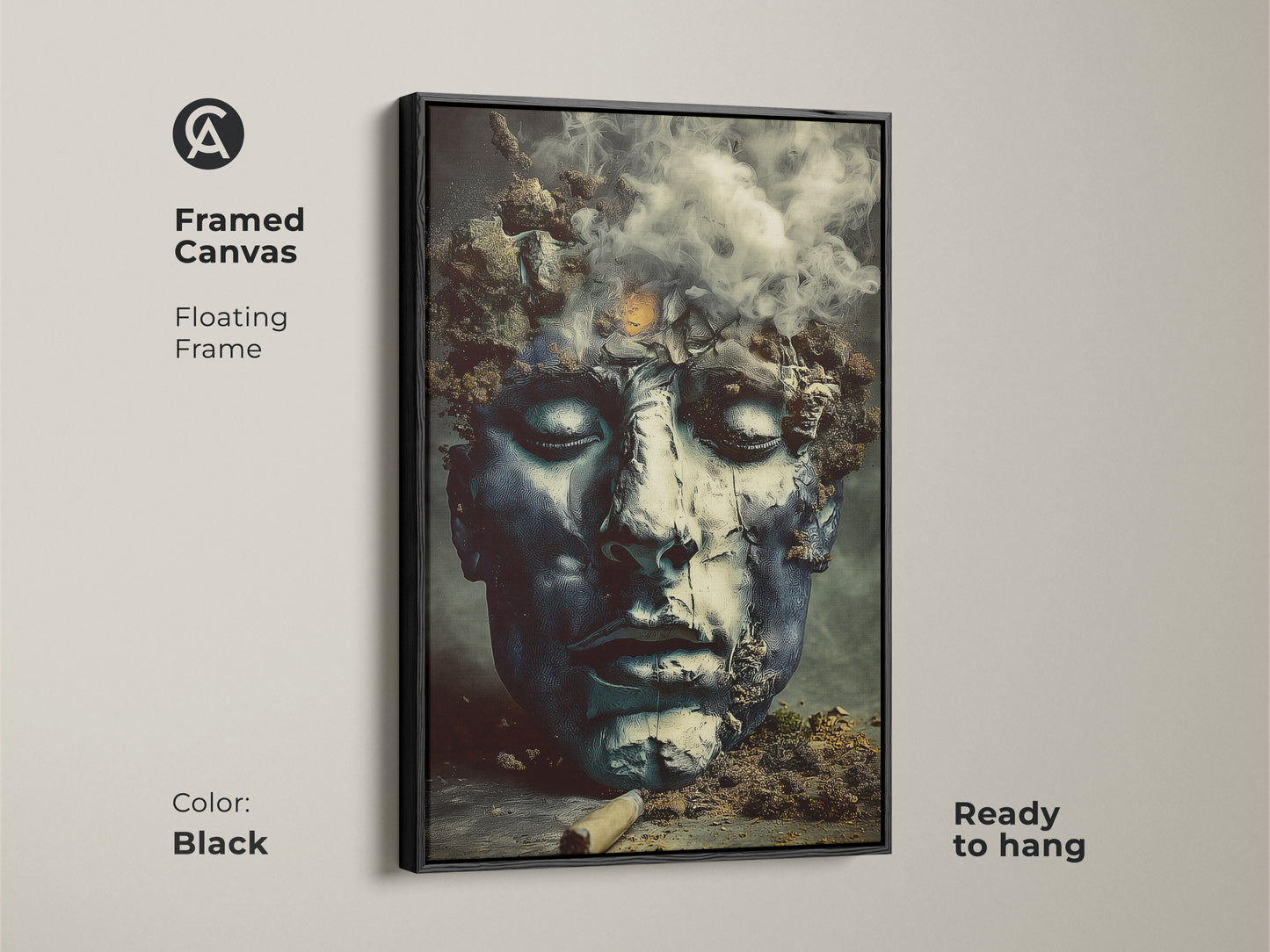 Black framed canvas showcasing a surreal face motif. This abstract figurative piece uses deep blue and charcoal. It's a ready to hang artwork. Perfect for adding a dark academia vibe to your living space.