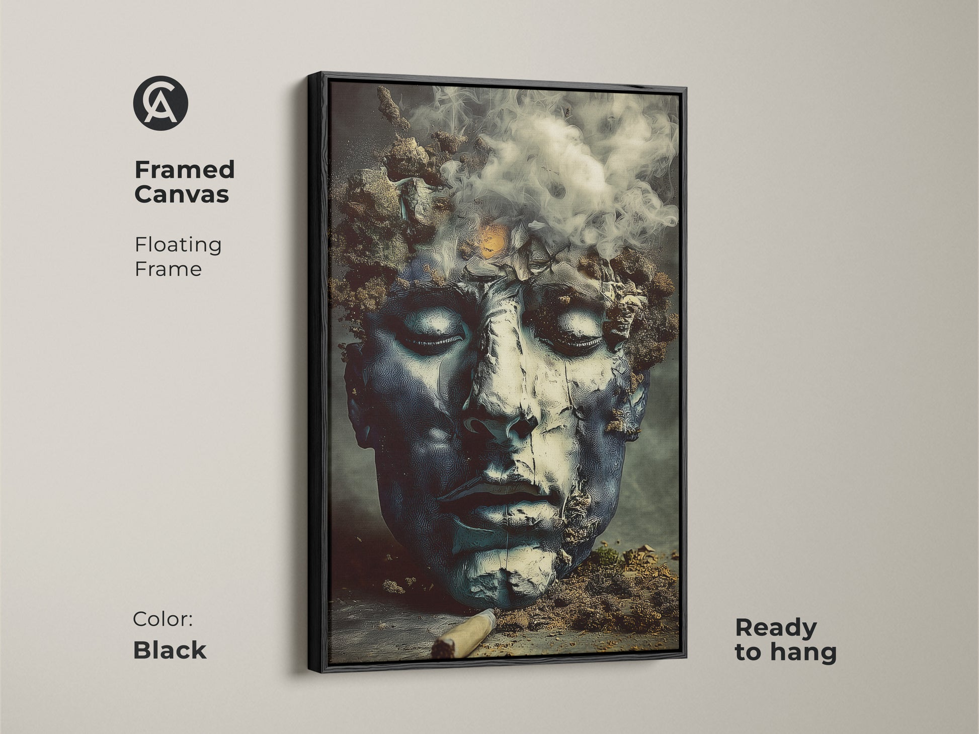 Black framed canvas showcasing a surreal face motif. This abstract figurative piece uses deep blue and charcoal. It's a ready to hang artwork. Perfect for adding a dark academia vibe to your living space.