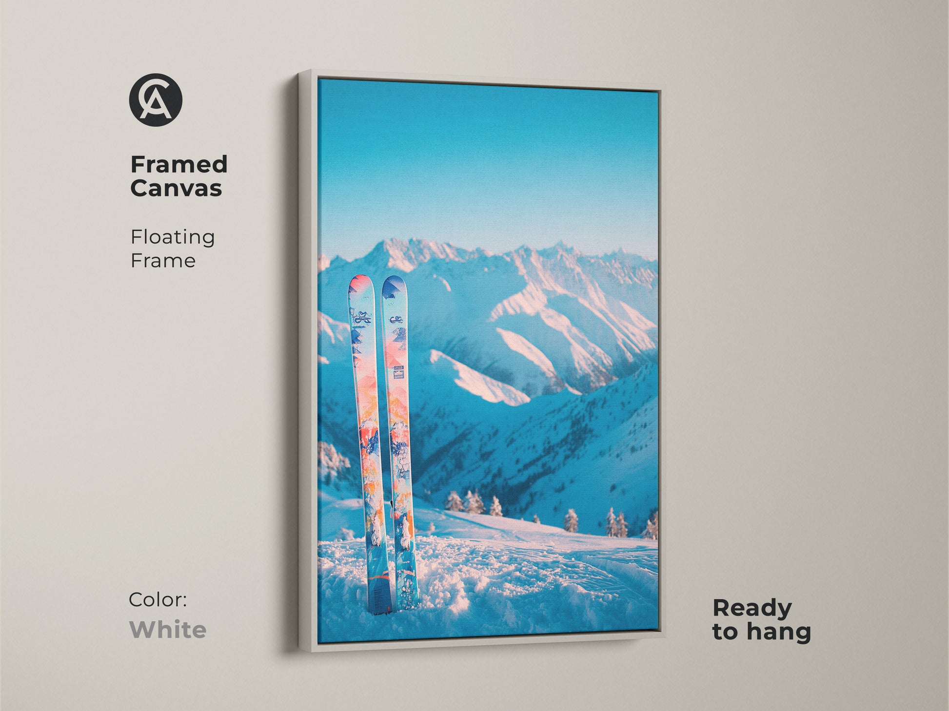 White framed canvas art print showcasing a serene winter mountain scene with skis. The floating frame gives the artwork a clean modern look. Ready to hang this piece adds a fresh touch to any room. Perfect for contemporary and minimalist interiors.