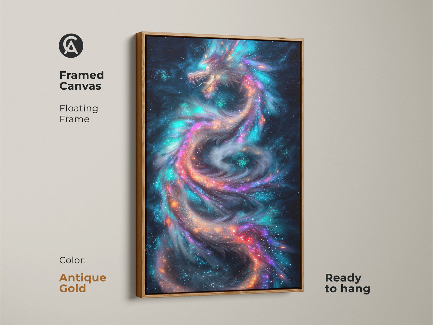 Framed canvas of a cosmic dragon with a floating antique gold frame. This fantasy art features celestial mythology. The colors are a blend of blue purple and teal. This wall decor is ready to hang. Perfect gift for fantasy fans.